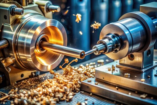 Close-up of a metal lathe machine with precision tools and metal shavings scattered around, showcasing intricate craftsmanship and industrial manufacturing process.
