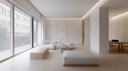 Minimalist living room with modern furniture, large windows, and natural light. Open layout with a simple, clean design.