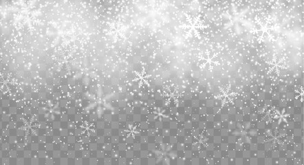 Realistic snowflakes and snow, winter Christmas background, vector transparent overlay effect. Christmas holiday snow flakes or snowfall background with realistic falling snowflakes layer