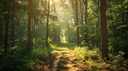 A path through a sun-dappled forest.