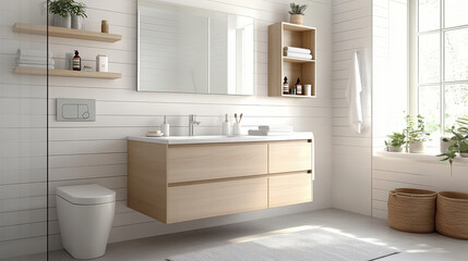 Modern minimalist bathroom with wooden cabinets, white fixtures, and natural light. Clean and elegant design featuring a large mirror and plants.