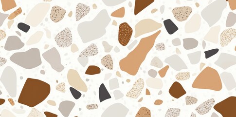 A seamless terrazzo texture featuring brown and beige stones on a light grey background..