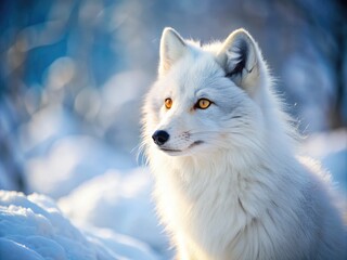Naklejka premium Majestic Arctic fox with thick white fur and piercing yellow eyes gazes curiously into the distance amidst a serene winter wonderland landscape.
