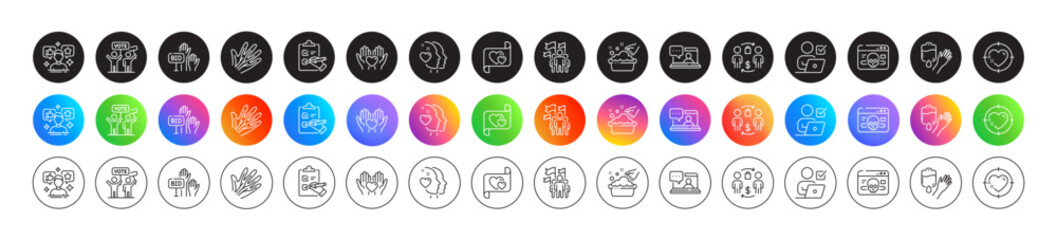 Leadership, Heart target and Social media line icons. Round icon gradient buttons. Pack of Love letter, Hold heart, Voting campaign icon. Veins, Buying process, Online voting pictogram. Vector