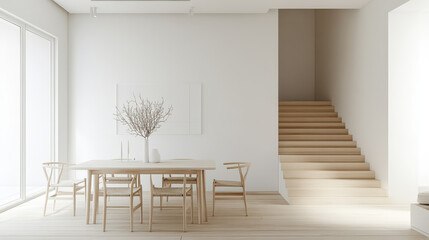 Modern minimalistic dining room with wooden furniture and staircase, bathed in natural light from large windows. Serene and elegant interior design.