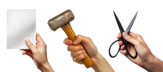 hand holding paper, scissor, hammer isolated on transparent background