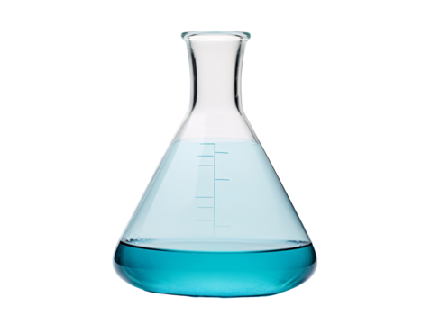 a glass beaker with blue liquid
