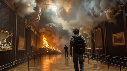 A man walks through a smoke-filled art gallery with a fire blazing in the distance.
