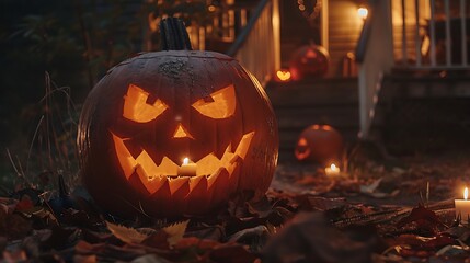A scary smiling face carved in a halloween pumpkin head outside at night outside with candles burning