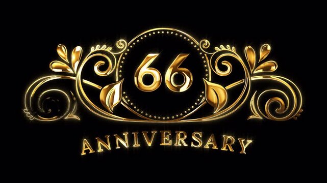 66th Anniversary Celebration. Happy 66 Years Anniversary Animation in Gold Color on the Transparent Background, Alpha Channel. Great for greetings, celebrations, events, and gifts.