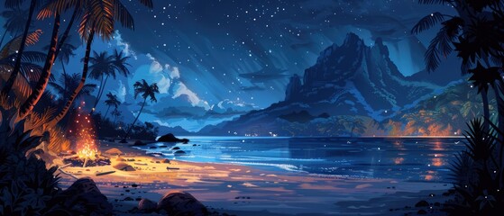Nighttime tropical beach with a bonfire under starry sky.