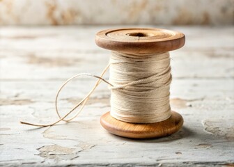 A vintage wooden spool unwinds a length of worn, beige thread, surrounded by loose fibers, against a distressed, creamy white background with subtle texture.
