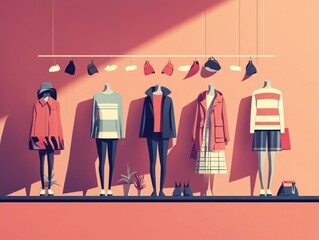 Flat design showcasing fashion retail end of season sale merchandising with discounts clearance and product displays in a minimalist commercial style