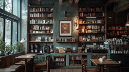 Cozy cafe interior with bookshelves, wooden furniture, and large windows creating a warm and inviting atmosphere for visitors.