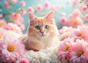 Adorable pink cat lounges on a soft, fluffy blanket, surrounded by pastel-colored flowers and petals, exuding sweetness and gentle tranquility in a serene atmosphere.