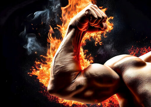 Bodybuilder flexing his muscles in the fire on a black background