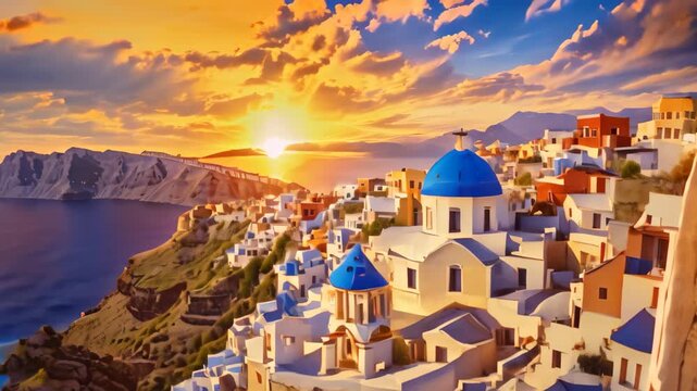 Sunset over Oia village on Santorini island, Greece, Beautiful view of Churches in Oia village, Santorini island in Greece at sunset, with a dramatic sky