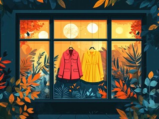 Rotating Seasonal Fashion Retail Window Displays with Flat Design Showcasing Merchandise Product Arrangement and Branding for Commercial Marketing and Sales Promotion