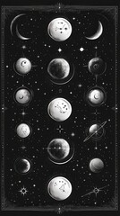 Celestial Phases and Star Constellations on a Black Starry Night Sky