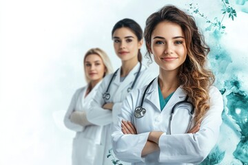 Team of female doctors smiling with arms crossed in hospital corridor