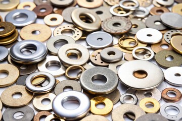 Assortment of metal washers in various shapes and sizes scattered on a white background, showcasing their different thicknesses, holes, and metallic textures.