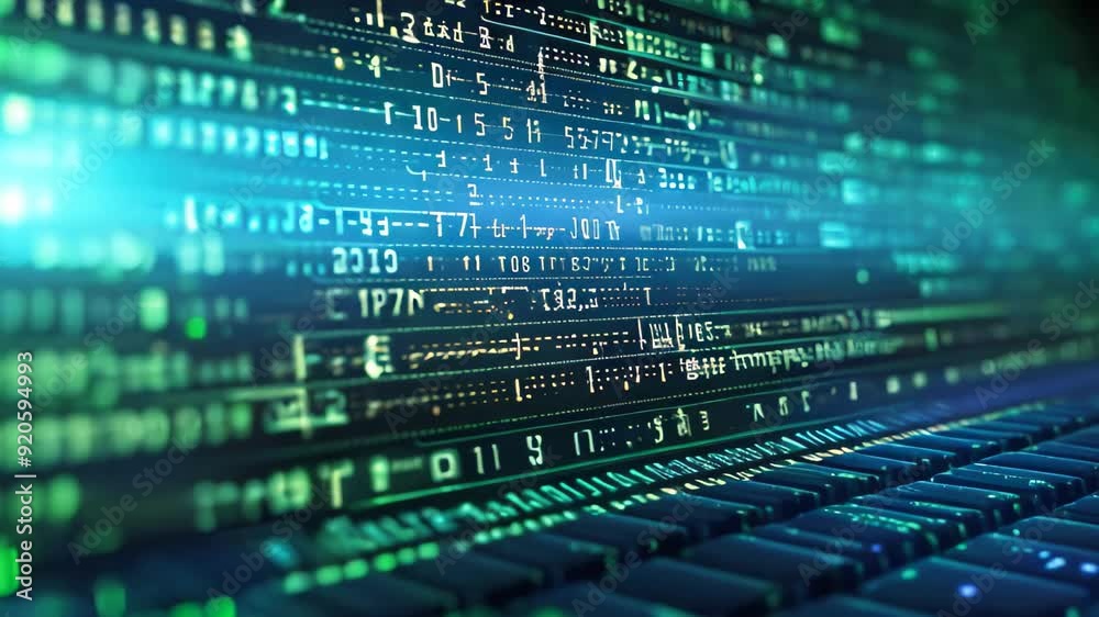 Poster digital binary code on a computer keyboard. 3d rendering toned video, coding, programming, developin