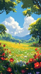 Obraz premium Children Playing in a Colorful Meadow on a Sunny Day with Blue Sky and Fluffy Clouds