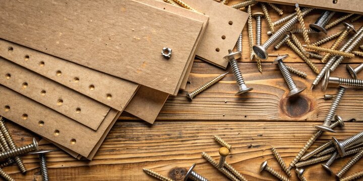 Rustic DIY project background with unfinished chipboard sheets and scattered screws, evoking a sense of crafting, woodworking, and creative construction.