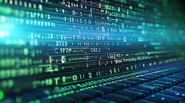 Digital binary code on a computer keyboard. 3d rendering toned Video, Coding, programming, developing, typing script source languages symbols project data showing on a screen, close-up