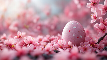 Fototapeta premium The concept of Easter. Pink, blue and pastel colors. Wooden background, silk fabrics, sakura flowers. Easter eggs.