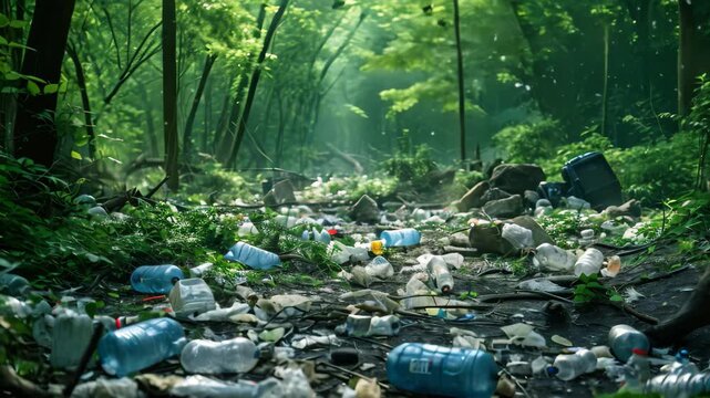 Plastic trash in the forest. Pollution of environment concept, Garbage pile in the forest among plants, Toxic plastic into nature everywhere