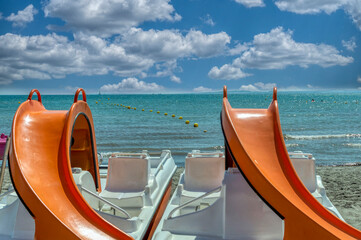 VIEW BETWEEN TWO WATER SKATES THE SEA AT VARADERO BEACH, SANTA PÒLA, ALICANTE, SPAIN