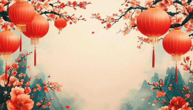Traditional red chinese lanterns hanging from cherry blossom tree
