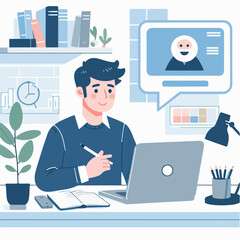 Young man working on computer. Business people sitting at office desk. Flat design vector 
