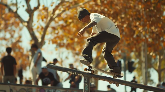 A skateboarder grinds on a rail with a crowd watching in the background.