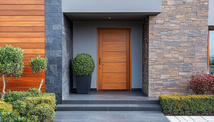 Elegant wooden front door of modern house welcoming visitors