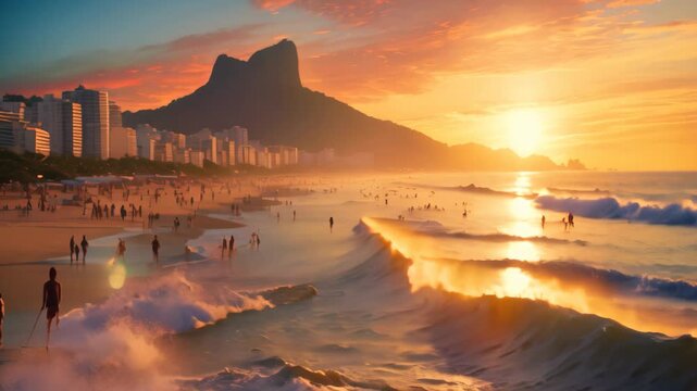 Rio de Janeiro, Brazil. Sunset at Copacabana beach, Ipanema beach in Rio de Janeiro on a gorgeous sunset