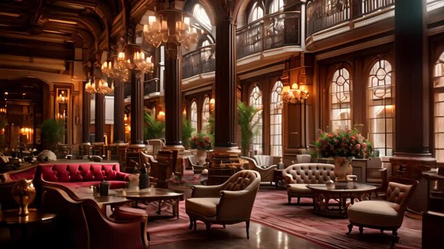 Luxury interior of the Royal Palace in New York City, Interior of a hotel lobby, Opulent hotel lobby interior