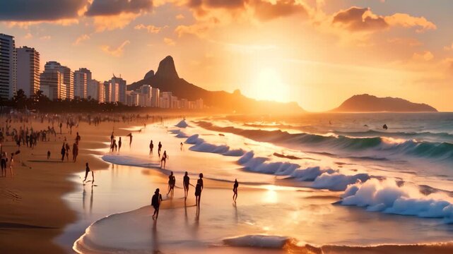 Beautiful sunset at Copacabana beach, Rio de Janeiro, Brazil, Ipanema beach in Rio de Janeiro on a gorgeous sunset