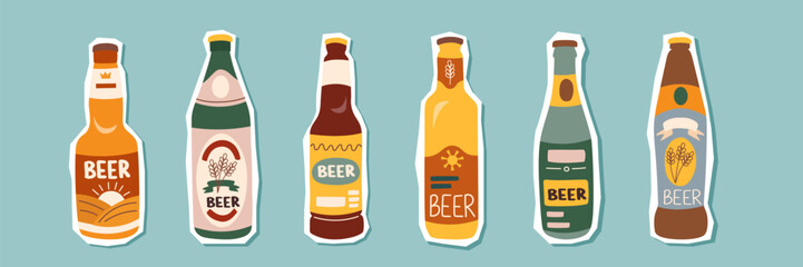 Set of beer bottles stickers isolated on blue background. Oktoberfest concept. Beer festival concept. Drinks concept.