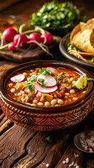 Savor the taste of authentic Mexican red pozole, beautifully presented with radish, lettuce, hominy, and tender pork. AI generated illustration