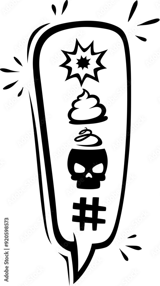 Poster Comic swear speech bubble or cartoon aggressive expletive curse, vector doodle exclamation point. Hate angry talk with bad word speech cloud or explicit swear shout with skull and shit symbols
