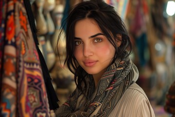 Naklejka premium Close-up portrait of a young woman with long dark hair, wearing a patterned scarf, looking at the camera with a gentle smile.