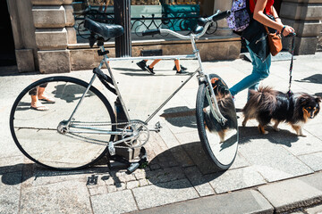 A broken bicycle with a bent front wheel is locked to a post on a city sidewalk. Pedestrians and a dog on a leash pass by, reflecting the hustle and bustle of urban life.