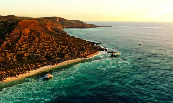 Aerial view about the coastline of Ponta da Calheta at Porto Santo island, Portugal.