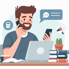 Young man working on computer. Business people sitting at office desk. Flat design vector 