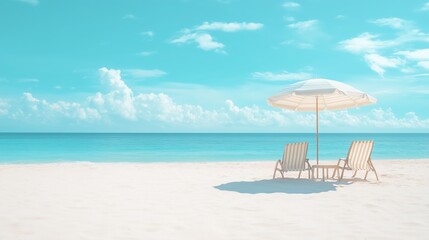 Tranquil beach setting with sun chairs and an umbrella under a clear sky