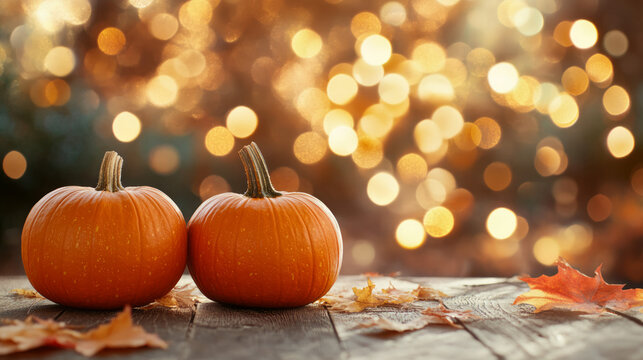 Magical Autumn scene orange pumpkins on a wooden table with party lights bokeh glowing background, fall colors invitation copy space harvest festival halloween thanksgiving traditional holiday - Powered by Adobe