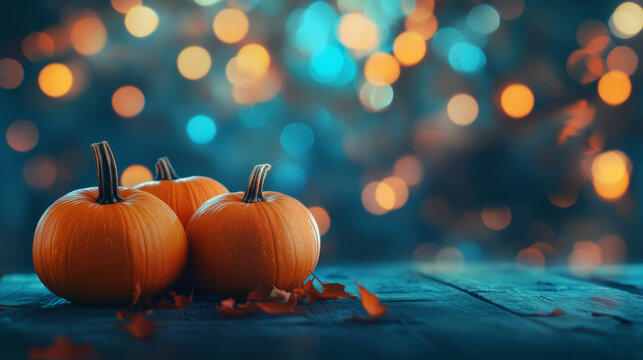 Magical Autumn scene orange pumpkins on a wooden table with party lights bokeh glowing background, fall colors invitation copy space harvest festival halloween thanksgiving traditional holiday 
