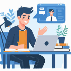 Young man working on computer. Business people sitting at office desk. Flat design vector 